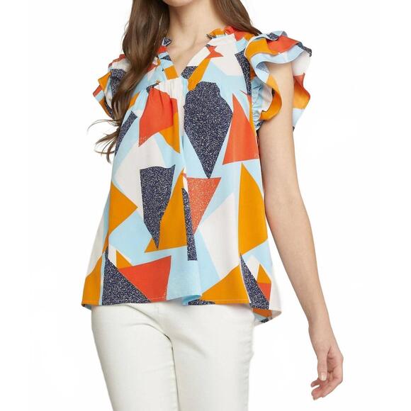 ENTRO Tops - NEW ENTRO geometric ruffle sleeve top in blue